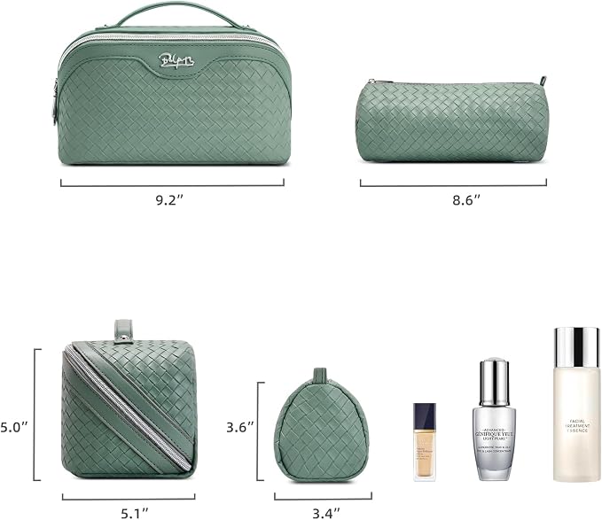 BOYATU Travel Makeup Bag Cosmetic Bags for Women: Large Capacity 3 Pcs Set Make up Bag with Compartments - Waterproof Vegan Leather Toiletry Organizer Bags with Handle (L10 Grass Green)