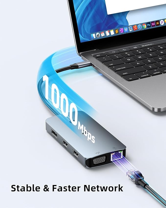Laptop Docking Station 4 Monitors, 9 in 1, Dual HDMI+DP+VGA, 100W PD, 5Gbps, 3 USB C/A Ports, Ethernet, LIONWEI Docking Station Dual Monitor, USB C Hub for Dell/HP/Surface/MacBook