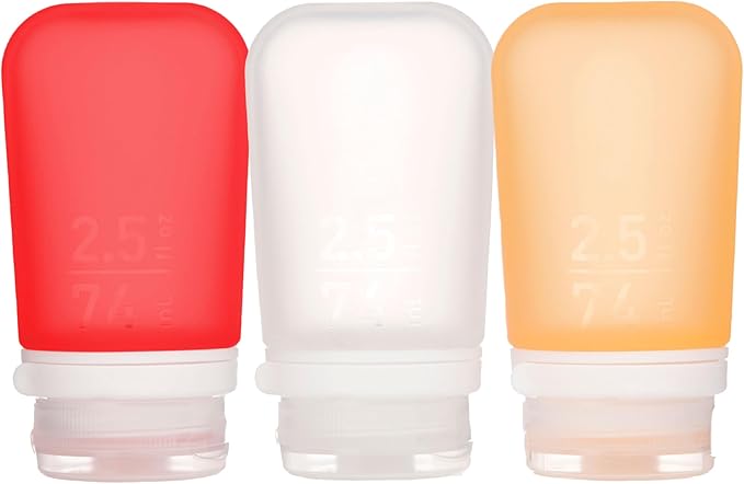 humangear GoToob+ Bottles - Silicone Leak-Proof Travel Tubes for Toiletries, Camping & TSA Carry-On (3-Pack), Medium (2.5 fl oz; 74ml), Clear/Red/Orange