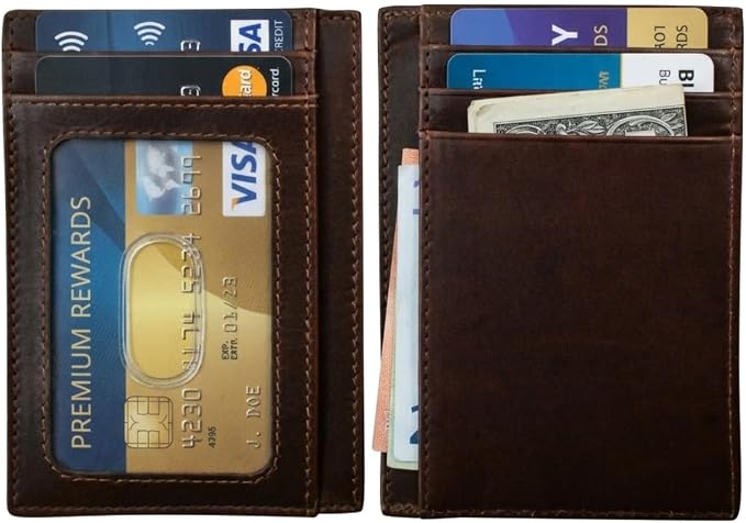 ili New York Genuine Leather Slim RFID Card Holder for Men - 7 Slots, Clear ID Window with Thumb Slide, Compact 4.5" x 3", Minimalist Credit Card Holder for Front or Back Pocket - Rustic Brown