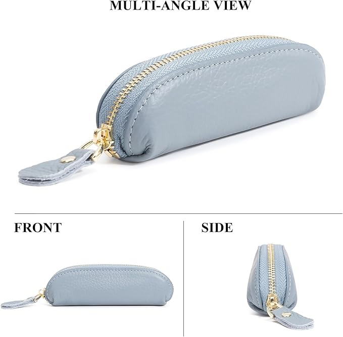 Full Grain Leather Coin Pouch - Travel Small Coin Purse with Zipper - Mini Key Pouch Change Purse for Women and Men (Powder Blue)