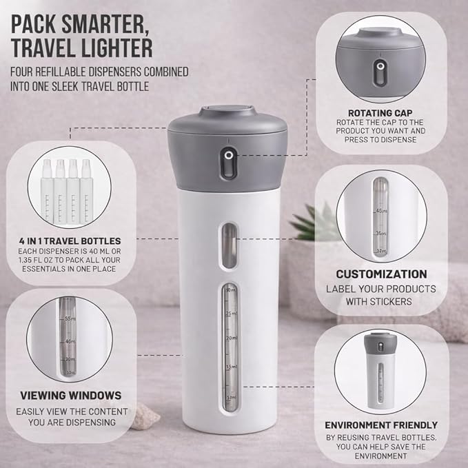 Travigo 4-in-1 Travel Dispenser Bottle Set, TSA Approved, Leak Proof, Reusable 1.4 oz. (40 mL) Toiletry Containers for Shampoo, Conditioner, Soap, Lotion, Skincare (2 Pack, Pink & Gray)