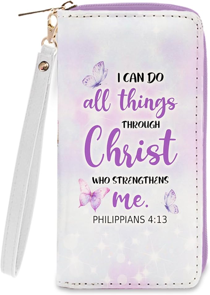 Christian Gift for Womens Wallet - Small Slim PU Leather I Can Do All Things Christ Wallet for Women with Zipper, Credit Card Holder Wallets, Wristlet Wallets for Female Girl (Inspire Religion Gift)