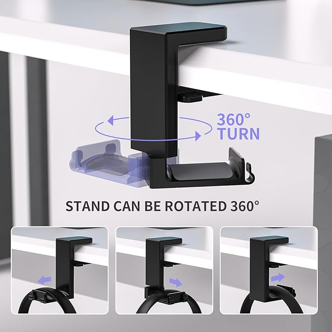 Adjustable Headphone Stand Desk-Sided Clamp Headphone Hanger with Handle PC Gaming Headset Holder (Under Desk with Handle)