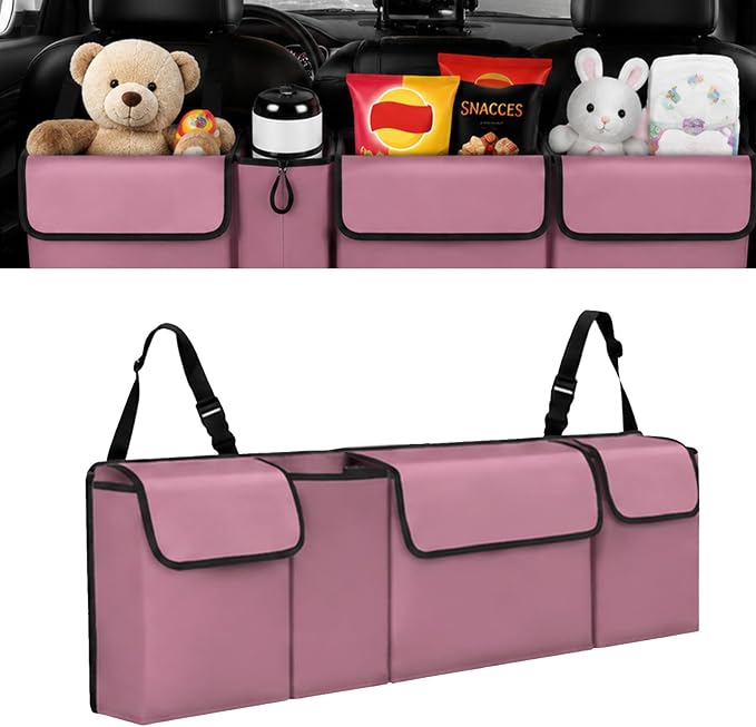 Car Trunk Organizer – Backseat Hanging Large Storage Bag with Adjustable Straps, Waterproof Collapsible Cargo Organizer with 4 Pockets, Space-Saving Trunk Storage for SUV Truck MPV (Pink)