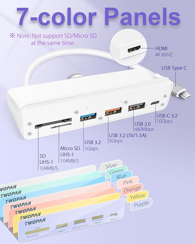 USB C Hub Multiport Adapter for iMac M4/M3/M1, 7-in-1 iMac 2024/2023 Docking Station - 4K HDMI, USB 3.2 Ports, SD/Micro SD Card Reader, 7 Color Panels
