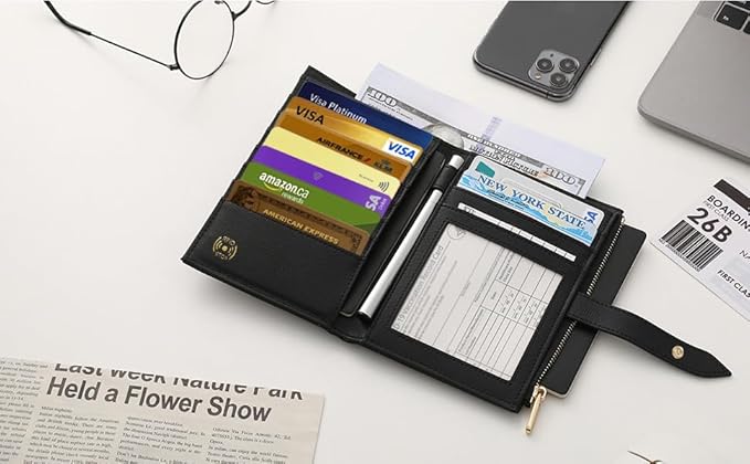 Passport Holder for Travel,Leather Passport Wallet,Travel Document Organizer with AirTag Slot,RFID Blocking With Credit Cards Case,Zippered Coins Pocket and Cash Slot for Women Men