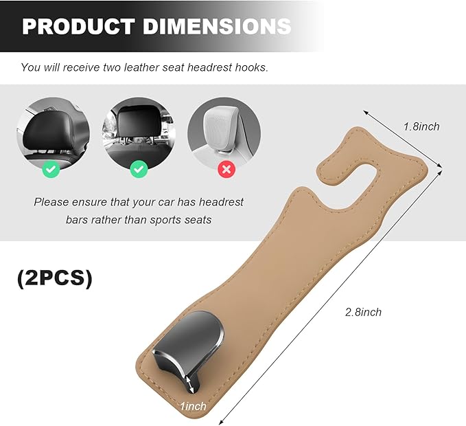 JNXIIJ 2 PCS Car Seat Headrest Hooks, Multifunctional Auto Purse Hanger Storage Organizer, Universal Vehicle Leather Seat Backrest Hooks for Hanging Umbrellas Handbags Clothes (Beige)