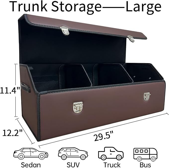 Car Trunk Organizer with Lid,Foldable Faux Leather Cargo Storage Box,3 Compartments,Collapsible Multi-Functional Organizer for SUV,Sedan and Vehicle Trunk