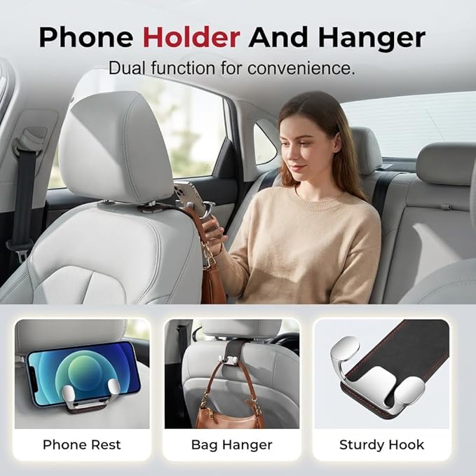 Car Purse Hook, Leather Headrest Hooks for Car, Heavy Duty Car Hooks, Universal Purse Holder for Car Seat, Vehicle Organizer Hanger for Handbag Grocery Bag Backpack Coat (Grey-4sets)