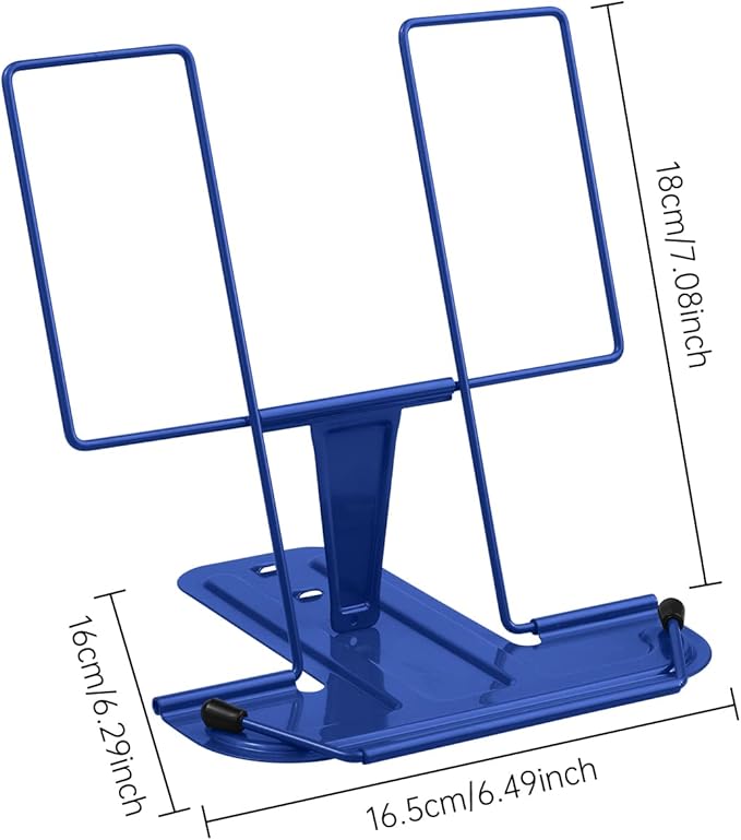 MSDADA Metal Book Stand for Desk, Adjustable Reading Rest Book Holder, Portable Cookbook Documents Holder, Sturdy Typing Stand for Recipes Textbooks Tablet Music Books with Page Clips (Blue)