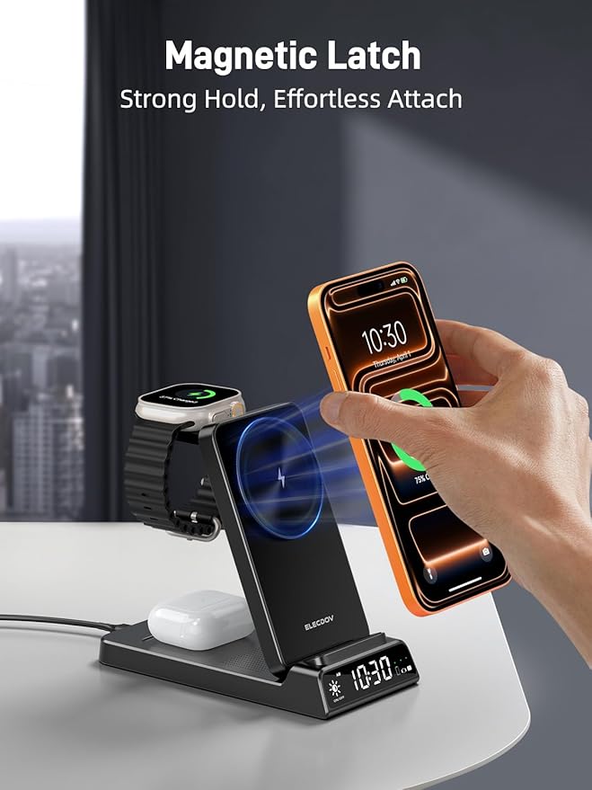 3 in 1 Charging Station for Apple, Magnetic Charger for iPhone, Foldable Wireless Charger with Clock, Travel Watch Charger Stand for iPhone 17/Air/16/15 Series, iWatch 10/AirPods 4 (Black)