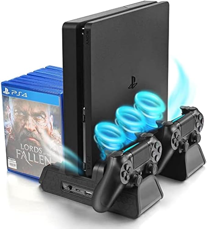 Vertical Stand for PS4/PS4 Slim/PS4 Pro - Cooling Fan with PS4 Charger Controller Charging Station with Game Storage (Black)
