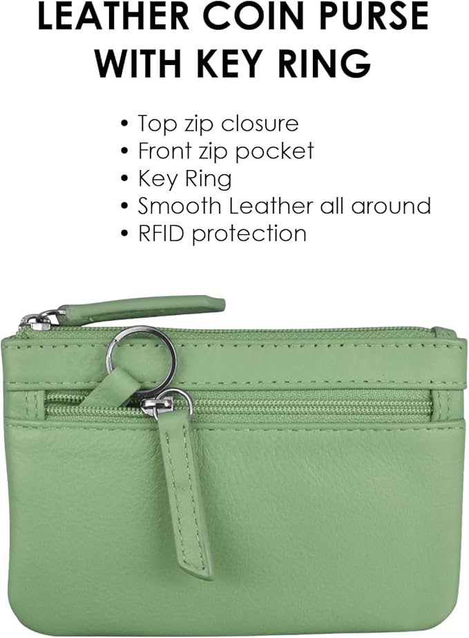 ili New York Mini Leather Coin Purse, Compact Genuine Leather Pouch with Key Ring & RFID Protection, Used for Coins, Keys and Cards, Ideal for Travel and Everyday Carry, Sage