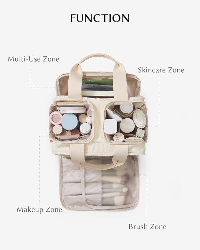 EACHY Travel Makeup Bag with Handle, Large Capacity Makeup Organizer, Waterproof Cosmetic Bag for Women, Wide-Open Design, Portable Toiletry Case for Travel, Accessories, and Essentials (Beige)