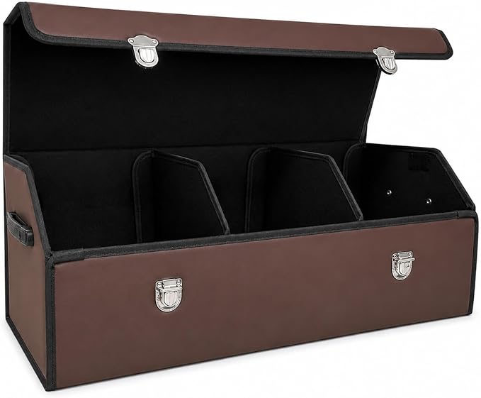Car Trunk Organizer with Lid, Foldable Faux Leather Storage Box | Foldable design, faux leather exterior, 3 compartments
