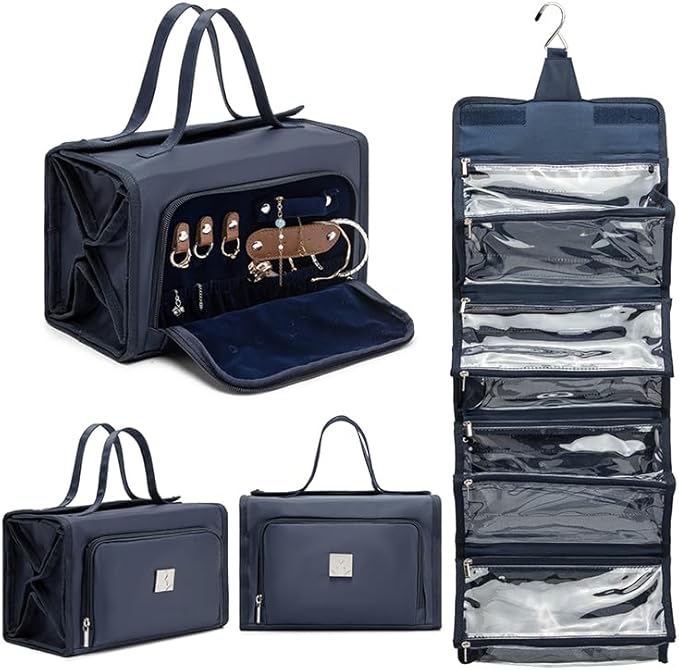 ROYALFAIR Roll Up Makeup Bag, Travel Toiletry Bag for Women with 4 Clear TSA Approved Pouches, Hanging Travel Organizer, Folding Cosmetic Bag for Men and Women (navy blue)