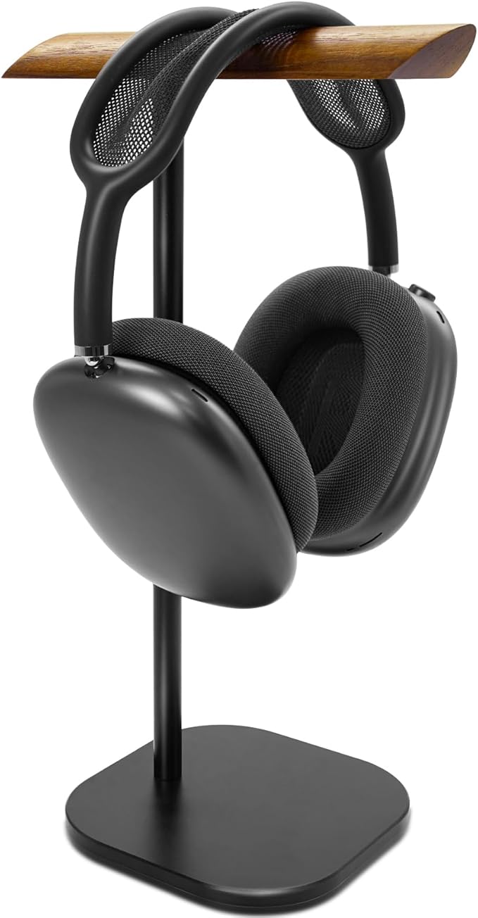 GEVO Headphone Stand for Desk, Walnut Wood & Aluminum Headset Stand, Universal Walnut Gaming Headset Holder with Solid Heavy Base for AirPod Max, Bose, Sony All Headphone Sizes (Square Base)