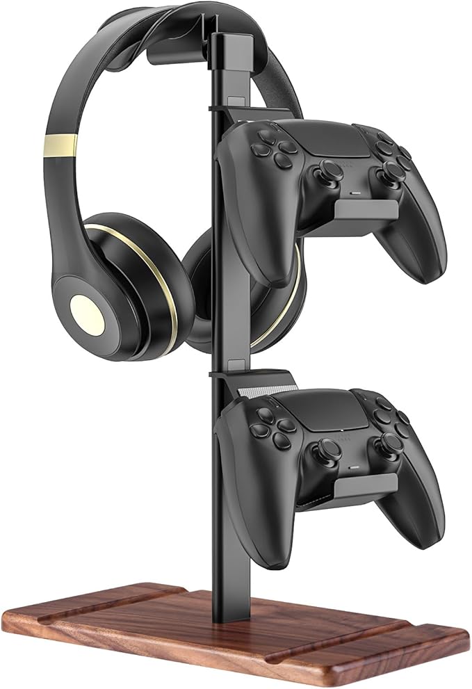 Controller Holder, Walnut Wood Headphone Stand, Gaming Controller Stand for Xbox PS5 PS4 Switch, Natural Wooden Headset Holder, Universal Desk Game Accessories