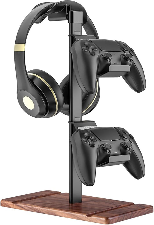 Controller Holder, Walnut Wood Headphone Stand, Gaming Controller Stand for Xbox PS5 PS4 Switch, Natural Wooden Headset Holder, Universal Desk Game Accessories