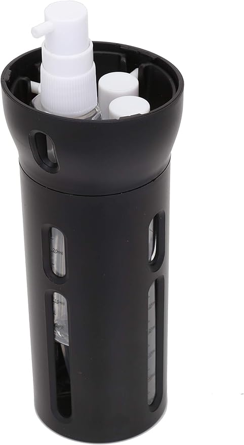 Travigo 4-in-1 Travel Dispenser Bottle, TSA Approved, Leak Proof, Four Reusable 1.4 oz. (40 mL) Toiletry Containers for Shampoo, Conditioner, Soap, Lotion, Skincare (Black)
