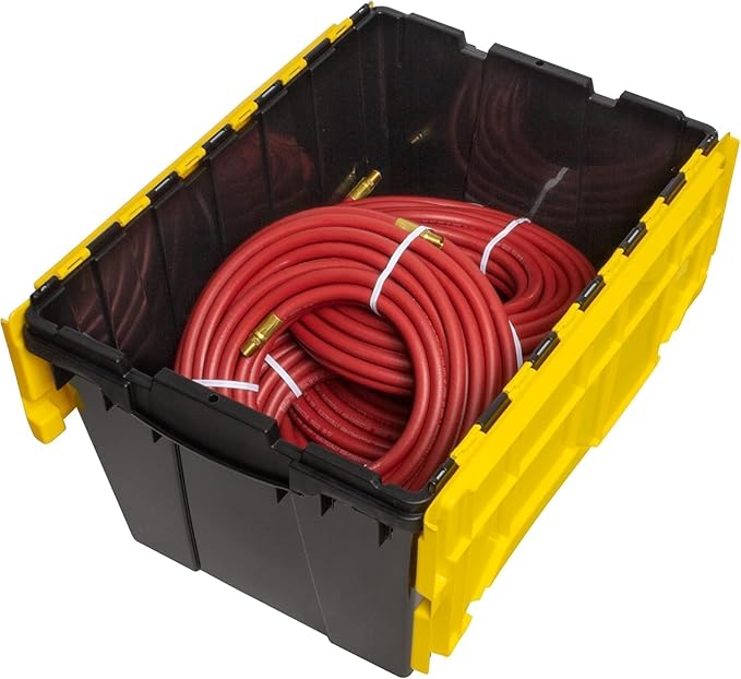 Akro-Mils KeepBox 12 Gallon Storage Container, Nesting and Stackable Plastic Storage Box with Lid Attached, Organizer Tote for Garages, Closets, Moving, 21-1/2" x 15" x 12-1/2", Black/Yellow, 6-Pack