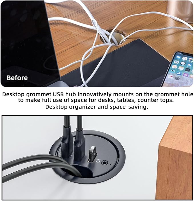 USB 3.0 Hub Sound Card USB-C 2 Port USB 60mm Desk Grommet Splitter Dock Station Headphone Mic Audio Interface for Desktop PC Desk