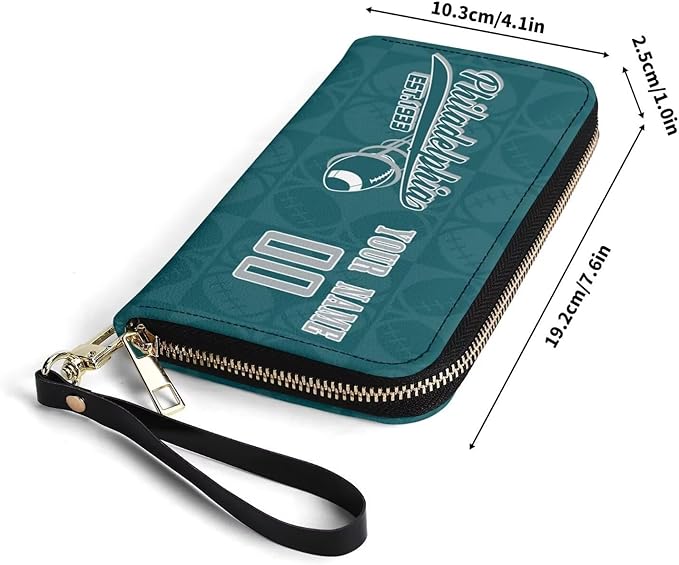 Custom Sports Team Zip Organizer Wallet-Personalized PU Leather Wallet with Name Number,Multi-Card Slots,Wrist Strap,Fan Gift for Men Women.