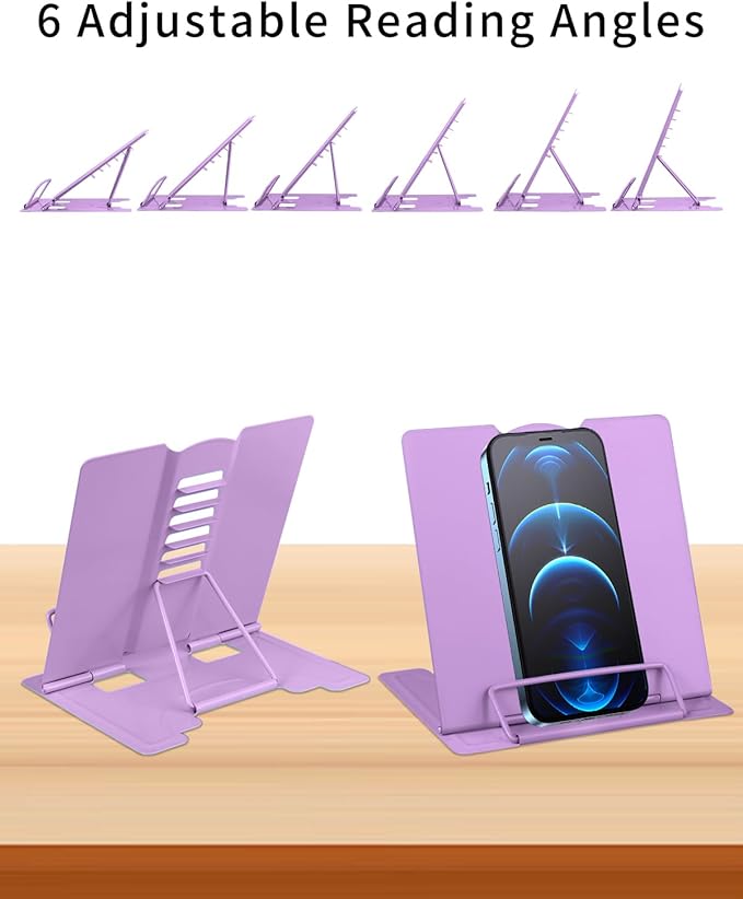 MSDADA Small Desk Book Stand Metal Reading Rest Book Holder Adjustable Cookbook Documents Holder Portable Sturdy Bookstands for Recipes Textbooks Tablet Music Books(Purple