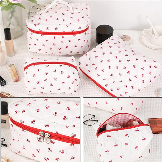 FITINI Makeup Bag Travel Large Quilted Toiletry Bag 3 Pack Portable Cosmetic Organizer Pouch with Small Brush Storage Case Zipper Waterproof for Women,Quilting Cherry