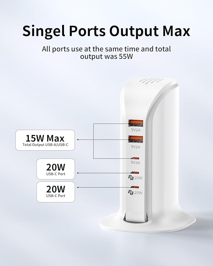 Charging Station for Multiple Devices: 5 USB Ports Wall Charger Block with Extension Cord, PD 20W Fast Charging Hub Charger Tower for iPhone iPad Tablets Smartphones, Home Office Use (White)