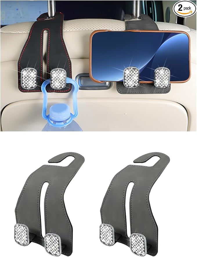 Zpana 2 PCS Car Seat Headrest Hook, Leather Vehicle Seat Back Hanger for Purses Bags, Metal Automotive Interior Storage Organizer Hooks Accessories, Universal for SUV, Truck, RV (Gray)