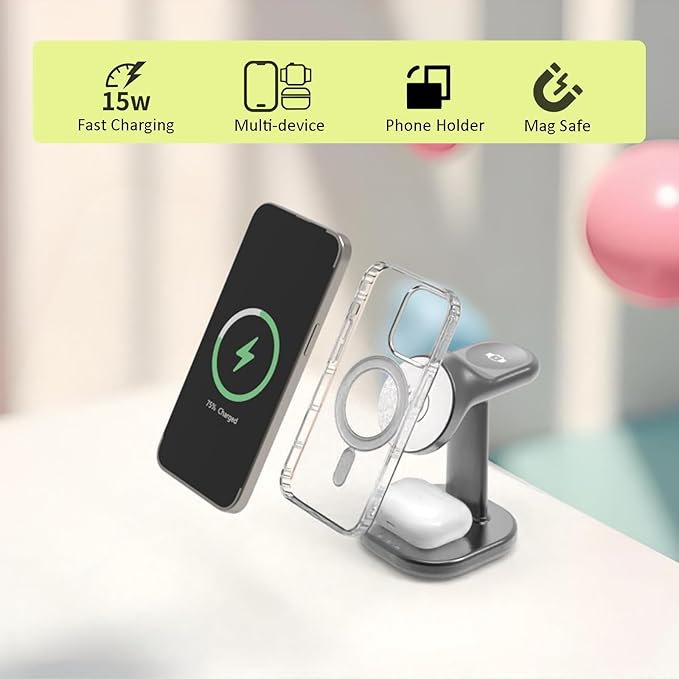 Wireless Charging Station for Magsafe Charger Stand,Fast Wireless Charger for iPhone Stand,3 in 1 Magnetic Phone Charger for Apple Watch,for Airpods,for Magsafe Charging Station（Gray）