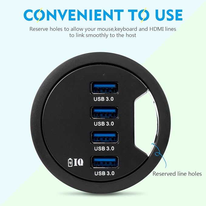 WDX Grommet Hole in Desk USB 3.0 4 Port Hub/BC 1.2 USB Charger, for iPad/Tablet and iPhone/Smart Phones