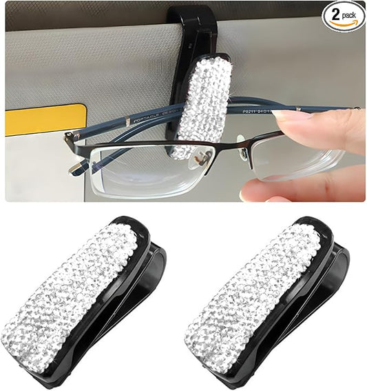 Wevdn 2 PCS Car Sun Visor Glasses Holder, Fashion Bling Car Eyeglasses Sunglasses Hanger for Women Girls, Glasses Holder Clip Hanger Mount with Ticket Card Clip, Car Accessories (White)