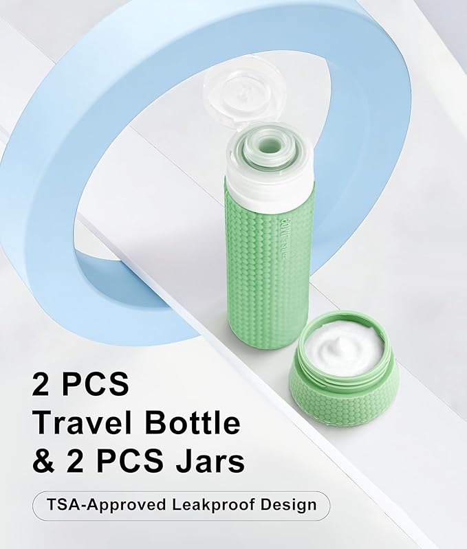 Travel Bottles for Toiletries 90ml with Cosmetic Jar 40ml Luxury Leather Pattern, Anti-Slip Silicone Premium Refillable Bottle Set with Facial Brush for Gym Men Women