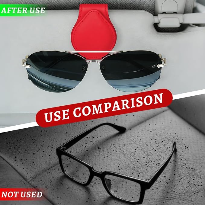 Sunglasses Holders for Car Visor, PU Leather Car Organizer, Magnetic Glasses Holder and Ticket Card Clip, Multi-Functional Auto Sun Visor Eyeglass Holder for Most Vehicles (Red)