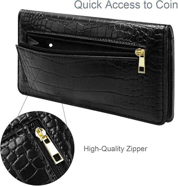 Wallet Women Bifold Faux Crocodile Leather Minimalist Slim Thin Long Wallets RFID Blocking Credit Cards Holder Purse with Back Zipper Coin Pocket for Women and Men,Black