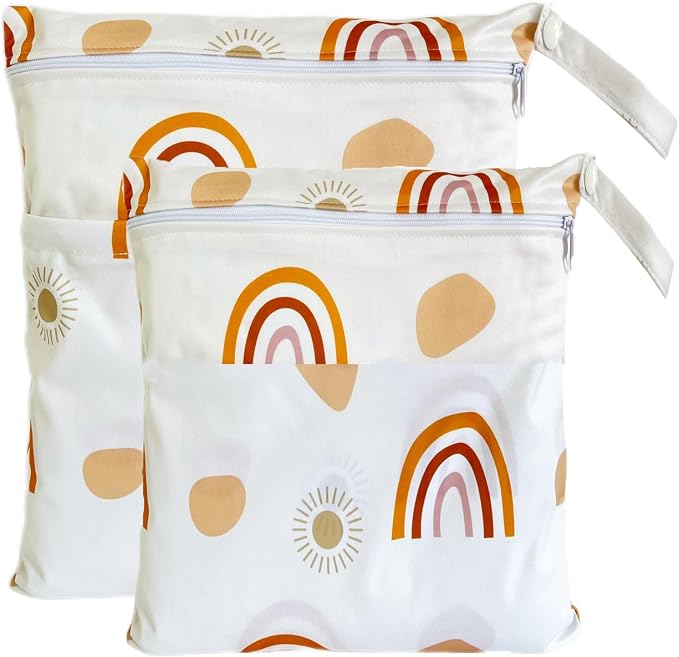 Wet Dry Bag for Cloth Diapers, 2PCS Waterproof Reusable Wet Bag with Zippered Pockets, Washable, Reusable for Travel, Beach, Pool, Stroller, Diapers, Dirty Gym Clothes, Swimsuits, 14x12In & 12x11In