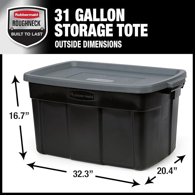 Rubbermaid Garage Storage Bins Black Plastic Stackable Storage with 3-Pack 31 GAL Capacity, Totes for Storage Home Organization Durable - Heavy Duty (31 GAL - 3 Pack Solid Black and Grey)