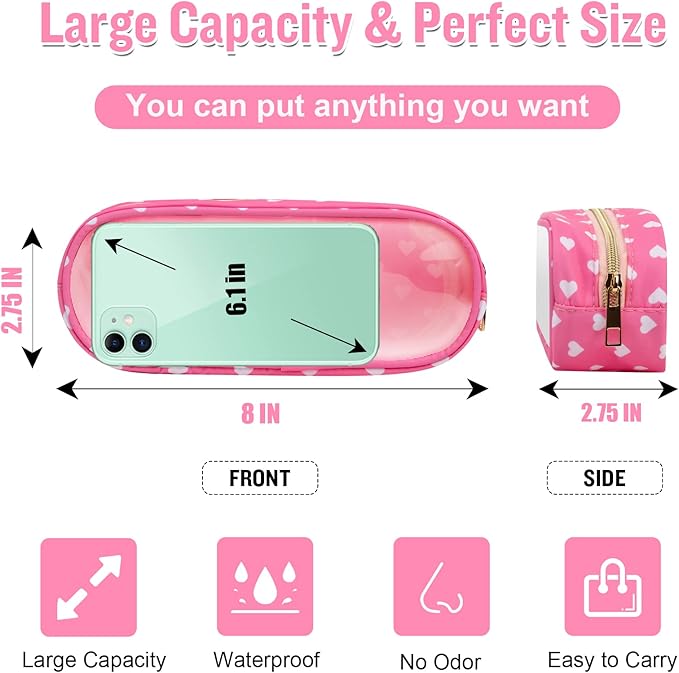 Nylon Small Clear Makeup Bag Slim Pencil Pouch, Cute Pencil Case Makeup Bag Preppy Cosmetic Zipper Pouch for Purse,Travel PVC Toiletry Bag Clutch Coin Pouch Makeup Organizer for Women Girl(Pink Heart)