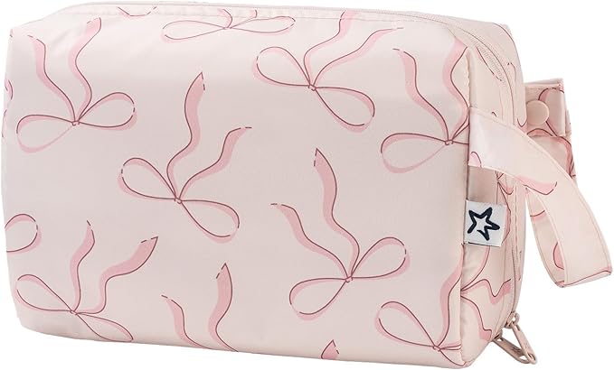 Tiny Twinkle Waterproof Travel Toiletry & Makeup Bag Organizer | Makeup Pouch with Multiple Compartments & Snap Handle for Travel | Gift for Teen Girls and Women (Bows)