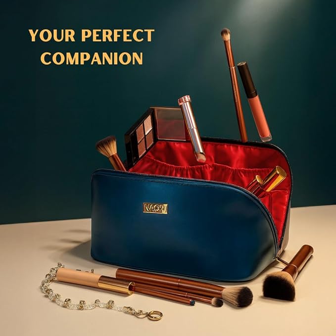 NAORI Travel Makeup Bag for Women | Large Luxury Cosmetic Organizer with Handle & Inner Pockets | Waterproof Faux Leather Toiletry Bag | Makeup Case for Home, Travel & Gifting (Dark Teal)