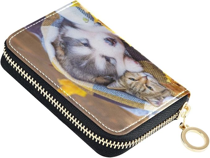 Cute Siberian Husky Cat RFID Credit Card Holder Wallets Accordion for Women Leather Zipper Card Case Accordion Wallet for Ladies Girls