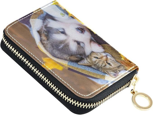 Cute Siberian Husky Cat RFID Credit Card Holder Wallets Accordion for Women Leather Zipper Card Case Accordion Wallet for Ladies Girls