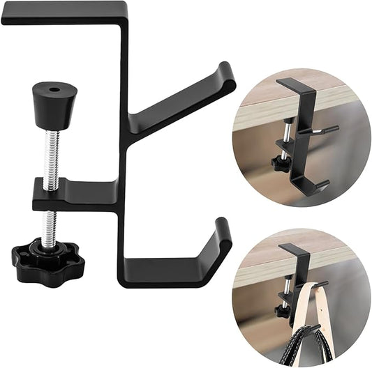 Desk Mount Bag Holder Hook Clamp,On Backpack Hanger Portable Desk Mount Headphones Holder for Reduce Desk Clutter Table Desk Table Hanging Storage (1 Pcs-Double Hook Black)