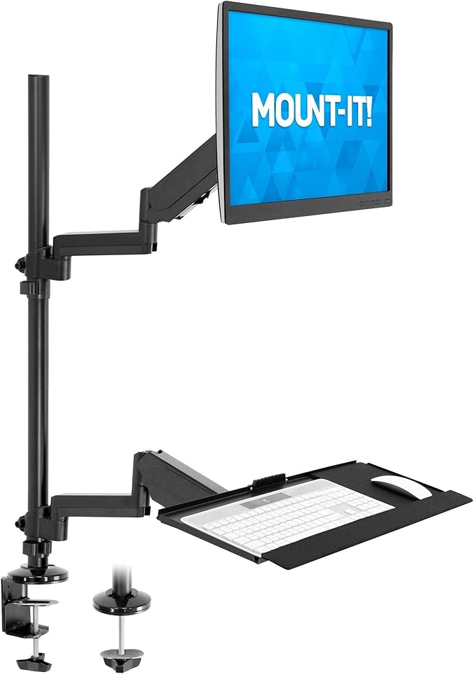Mount-It! Sit-Stand Monitor Arm Desk Mount with Keyboard Tray, Single Monitor Fits Up to 32”, Height Adjustable Gas Spring, Full Motion Articulating Arm, Clamp or Grommet, Black