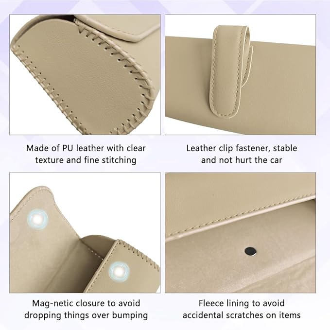 Sunglasses Holder for Car Sun Visor, Sunglass Organizer for Car, Magnetic Leather Eyeglasses Protective Storage Case, Waterproof Glasses Organizer Visor Accessories for Vehicles (Beige)