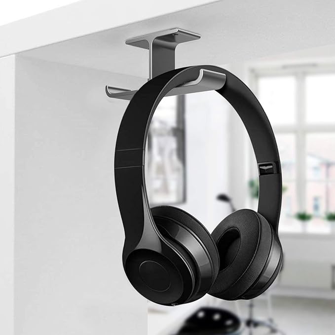 Headphone Hanger Stand Under Desk Hook Aluminum Stick-On Adhesive Dual Headsets Holder Mount PC Gaming Accessories for All Headphones