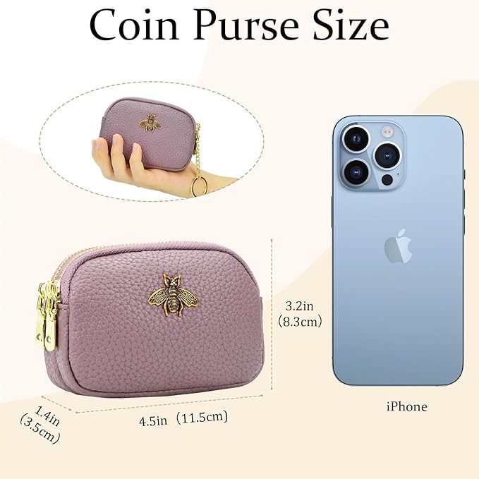 WOZEAH Leather Coin Purse for Women Small 2 Zipper Change Wallet with Key Ring Card Key Coin Cash Holder Pouch(Purple)